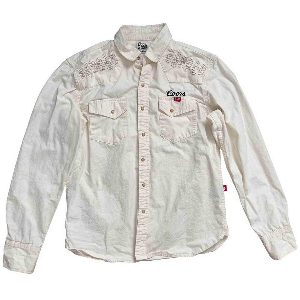 Coors Banquet Huckberry Shirt Beige Western Pearl Snap Long Sleeve Size S